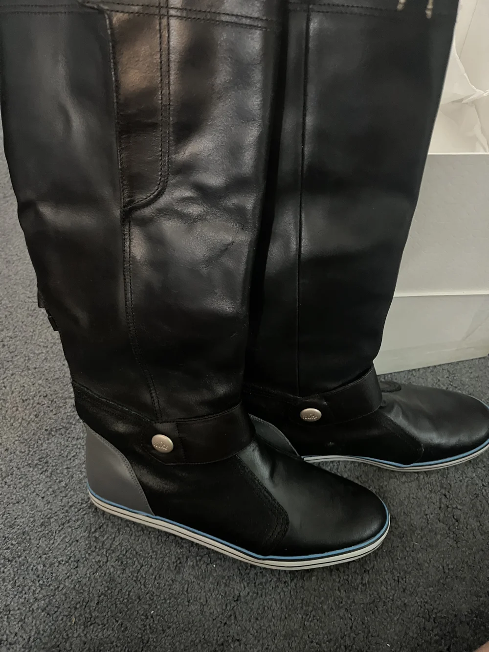 Nike Black Over-the-Knee Leather Boots with Gray Heel and Blue Trim